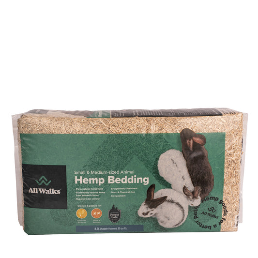 Packing of small and medium-sized animal hemp bedding.  Small rabbits are pictured on the packaging.