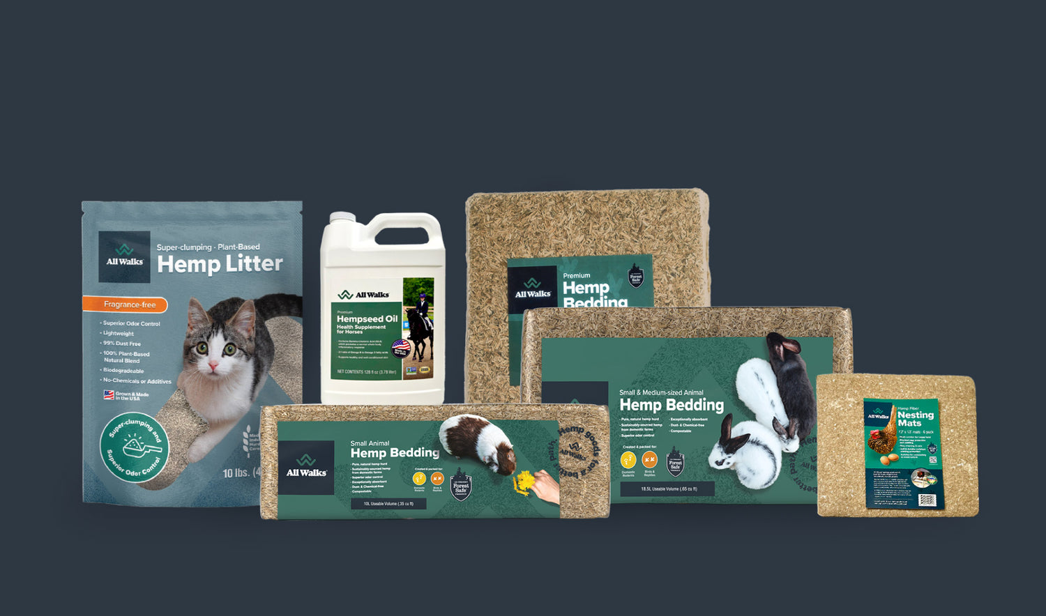 All Walks products: 10 lb. Hemp Litter, 128 fl oz. Hempseed Oil, 10L Hemp Bedding, 18.5L Hemp Bedding, 70L Hemp Bedding, Hemp Fiber Nesting Mat. 