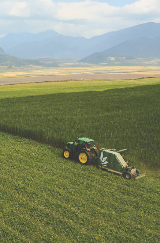 An overview image of a hemp field being harvested. 